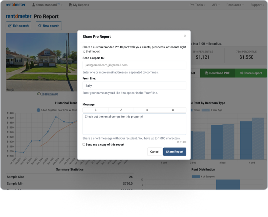 Sharing a Pro Report by email from Rentometer